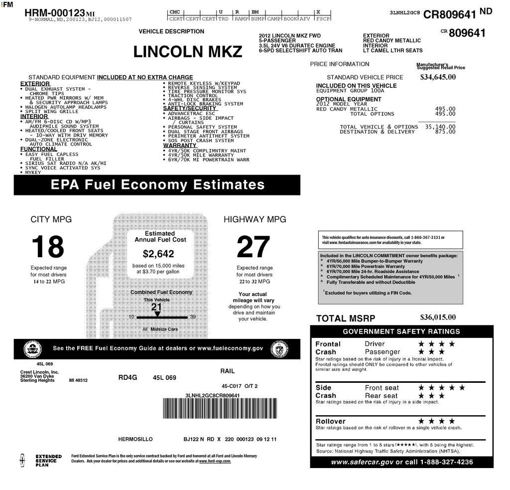 2012 Lincoln MKZ NA